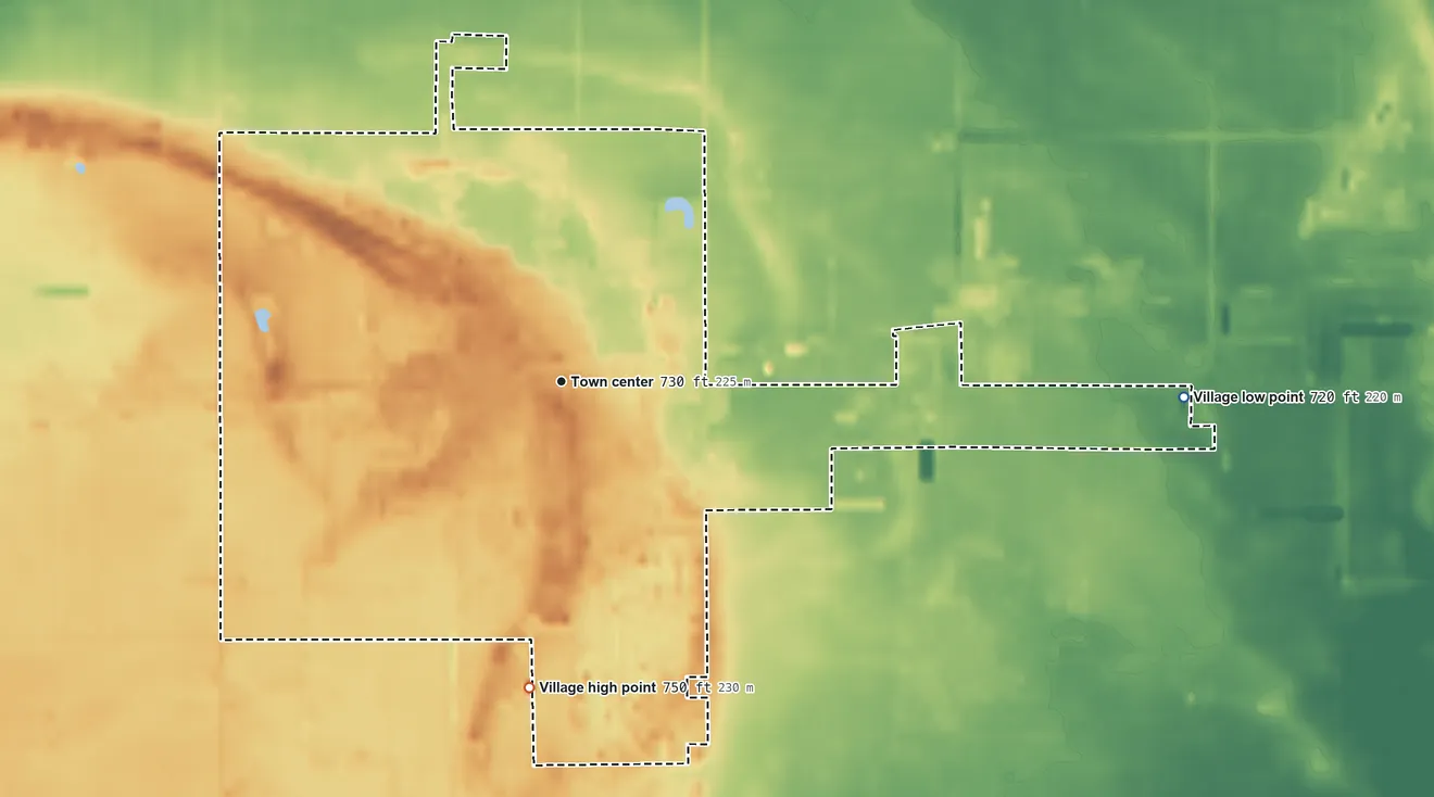 Topographic elevation map of Breckenridge, Michigan, shaded from 720 ft on the east side to 750 ft on the south side