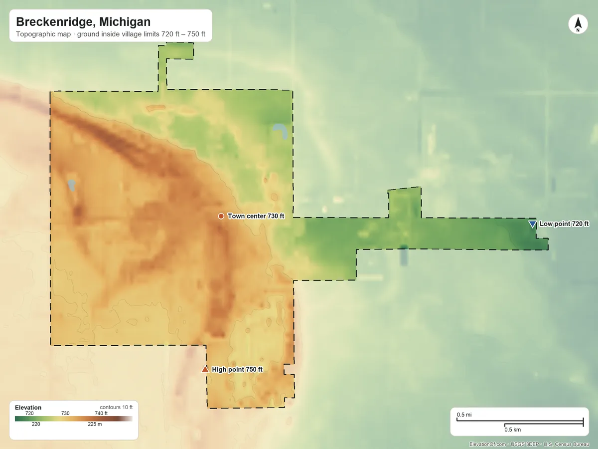 Topographic elevation map of Breckenridge, Michigan, shaded from 720 ft on the east side to 750 ft on the south side