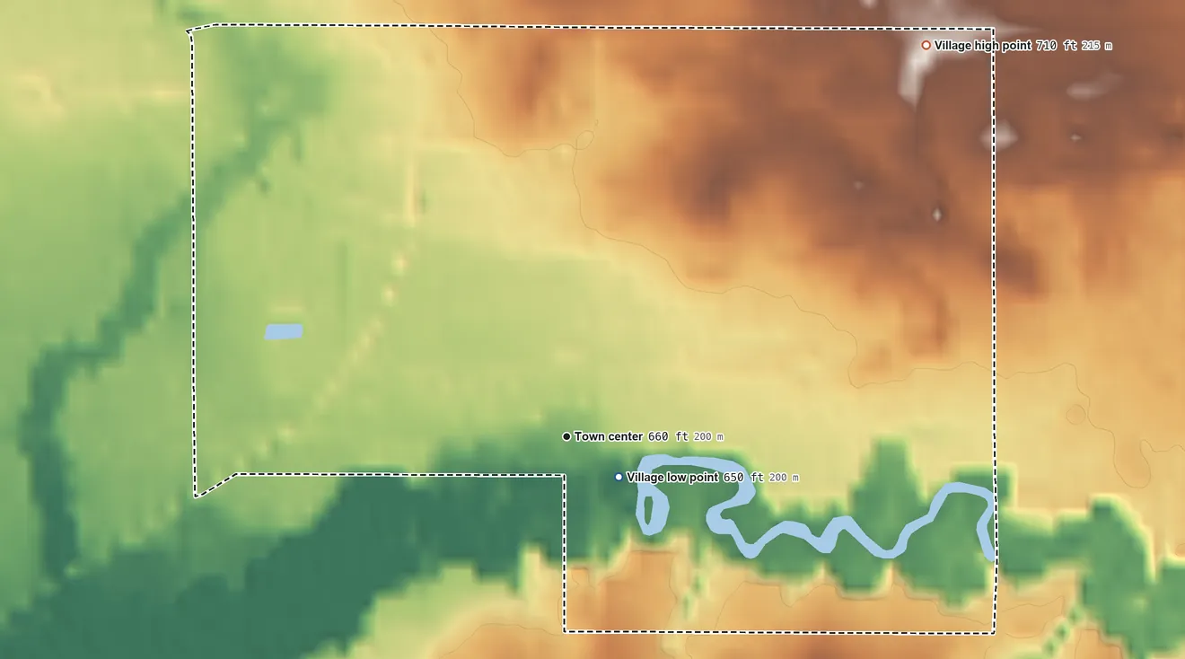 Topographic elevation map of Breedsville, Michigan, shaded from 650 ft near the middle to 710 ft on the northeast side