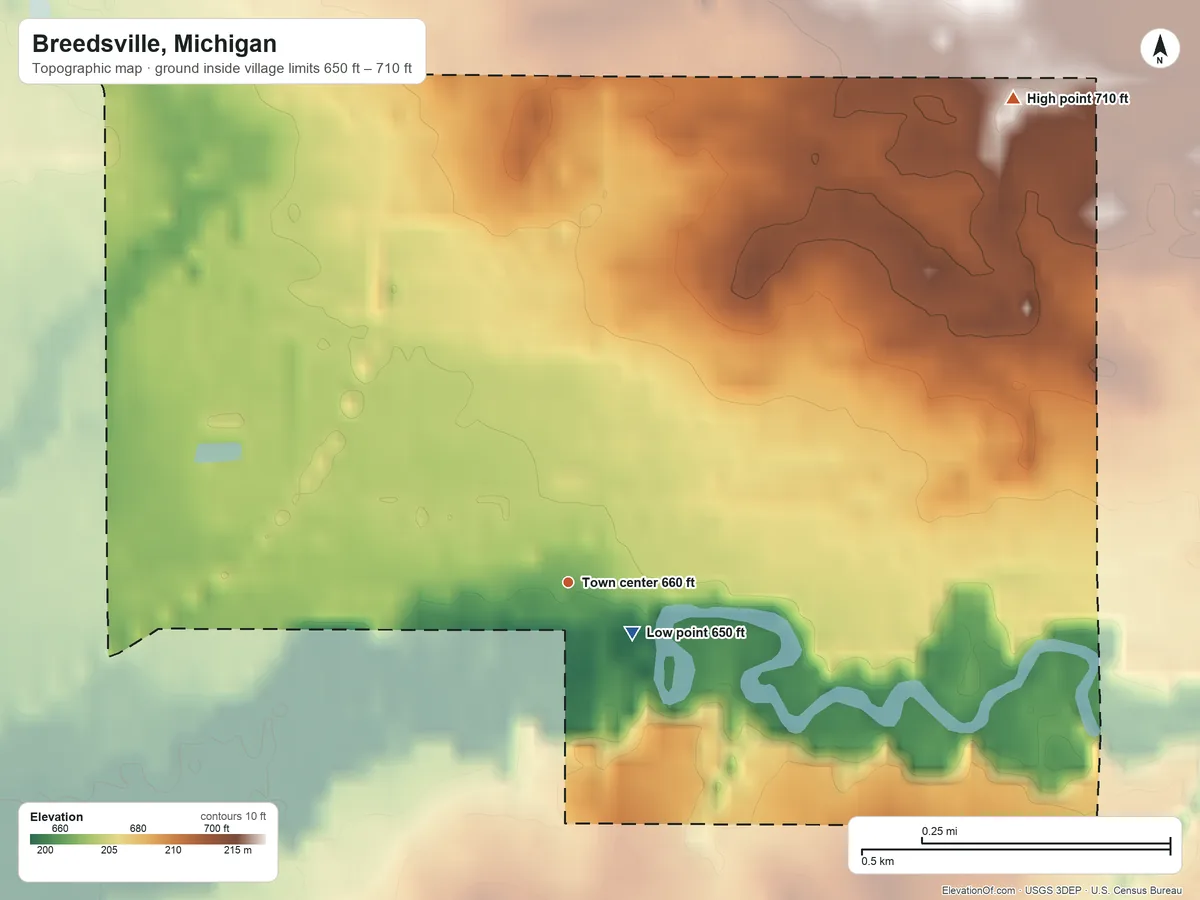 Topographic elevation map of Breedsville, Michigan, shaded from 650 ft near the middle to 710 ft on the northeast side