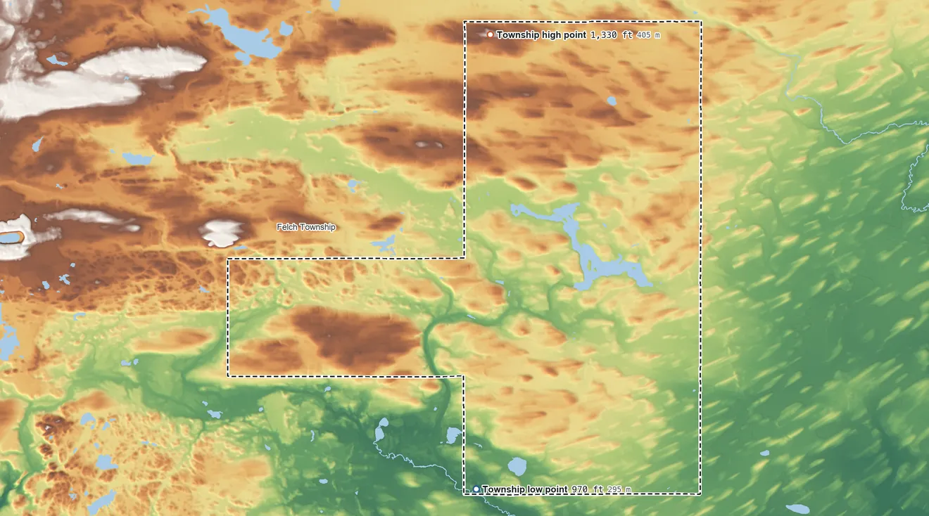 Topographic elevation map of Breen Township, Michigan, shaded from 970 ft on the south side to 1,330 ft on the north side