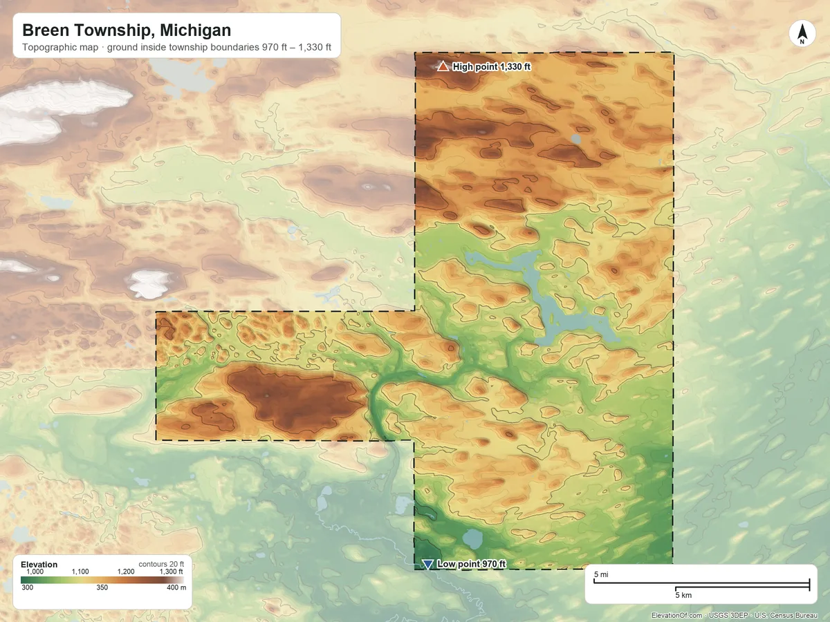 Topographic elevation map of Breen Township, Michigan, shaded from 970 ft on the south side to 1,330 ft on the north side