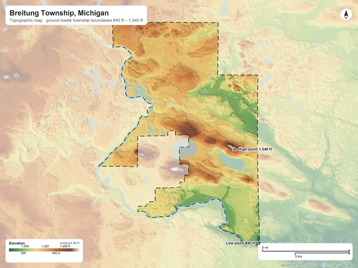 Topographic elevation map of Breitung Township, Michigan, shaded from 840 ft on the southeast side to 1,540 ft on the east side