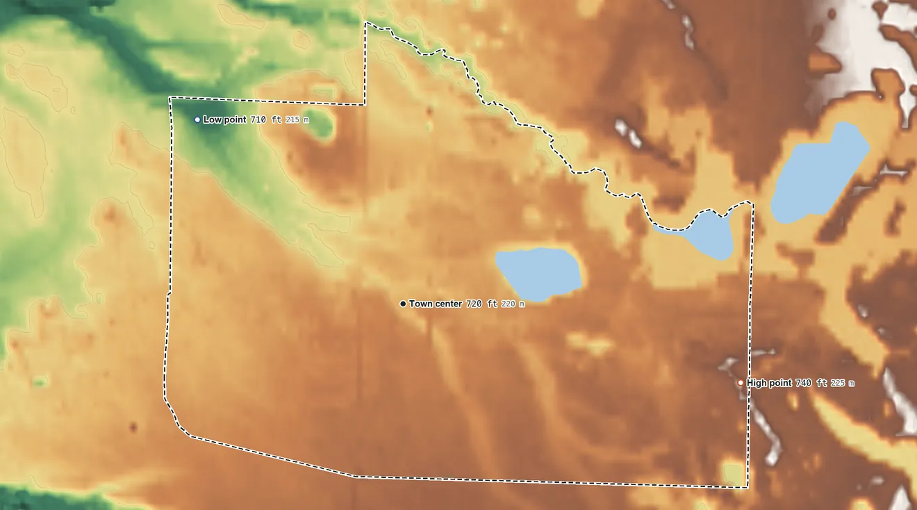 Topographic elevation map of Brethren, Michigan, shaded from 710 ft on the northwest side to 740 ft on the east side