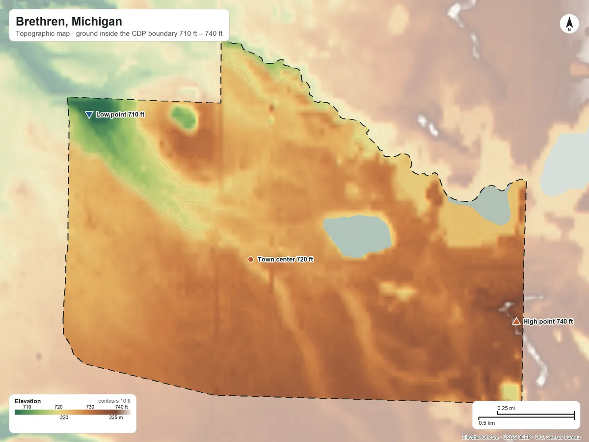Topographic elevation map of Brethren, Michigan, shaded from 710 ft on the northwest side to 740 ft on the east side