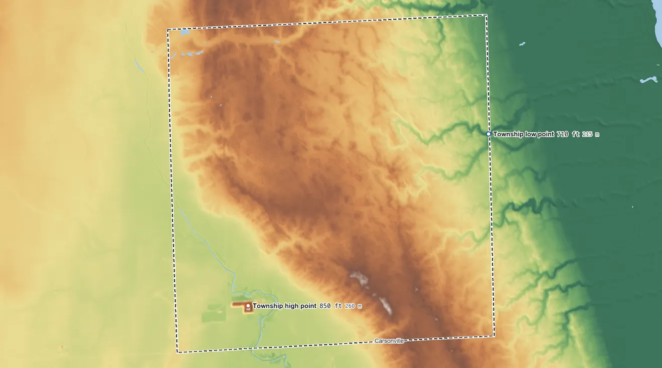 Topographic elevation map of Bridgehampton Township, Michigan, shaded from 710 ft on the northeast side to 850 ft on the southwest side