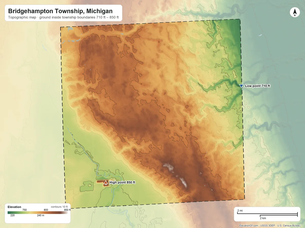 Topographic elevation map of Bridgehampton Township, Michigan, shaded from 710 ft on the northeast side to 850 ft on the southwest side