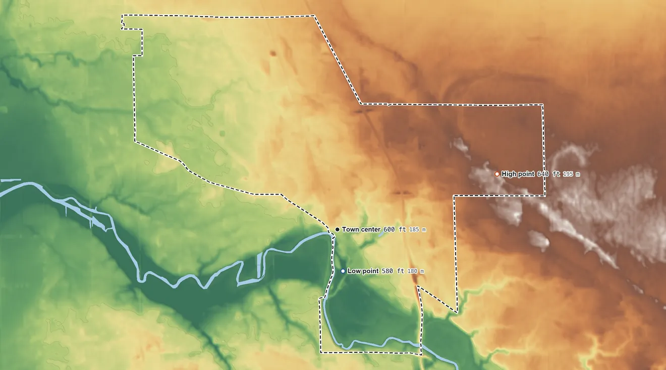 Topographic elevation map of Bridgeport, Michigan, shaded from 580 ft near the middle to 640 ft on the east side