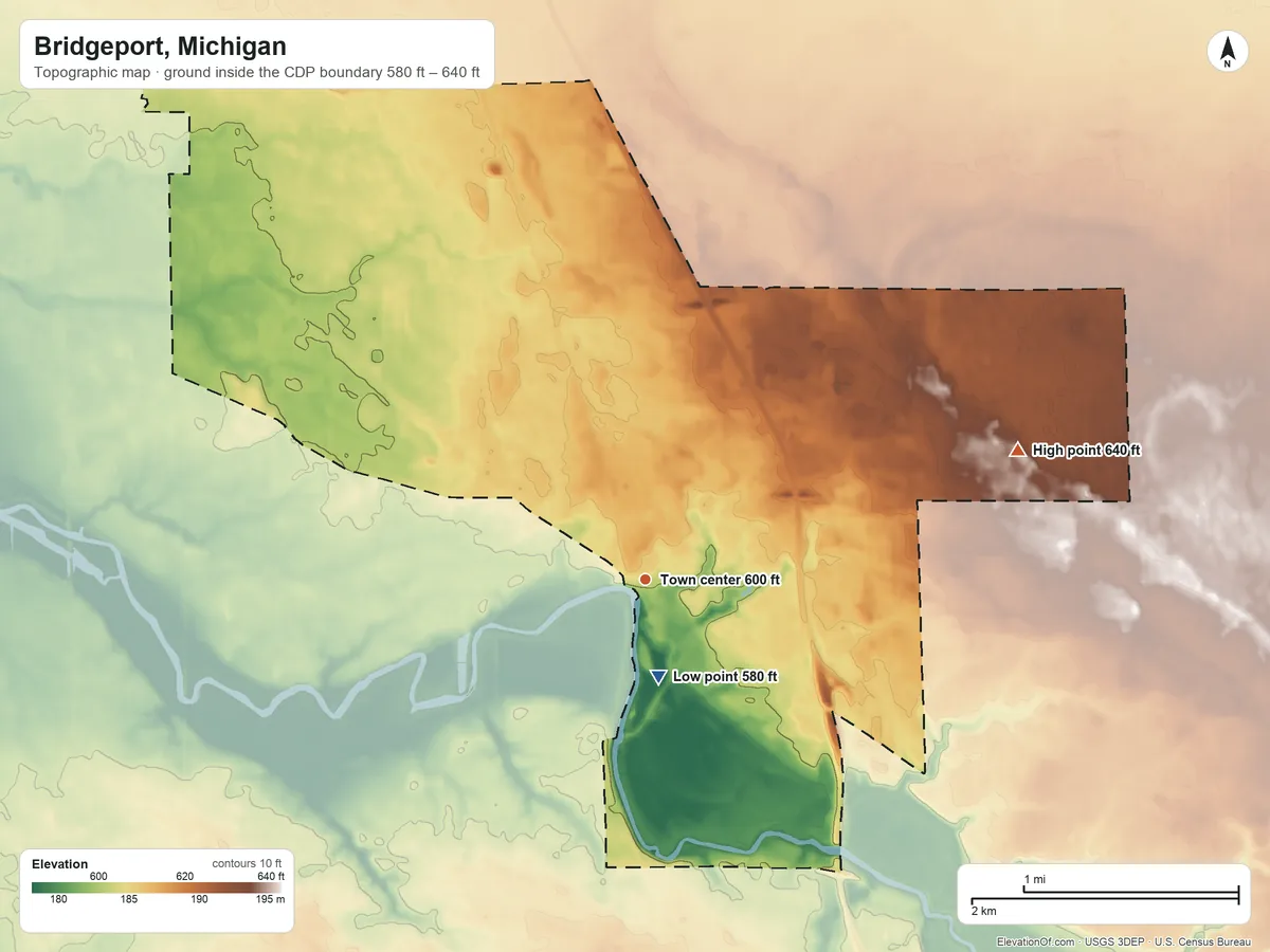 Topographic elevation map of Bridgeport, Michigan, shaded from 580 ft near the middle to 640 ft on the east side
