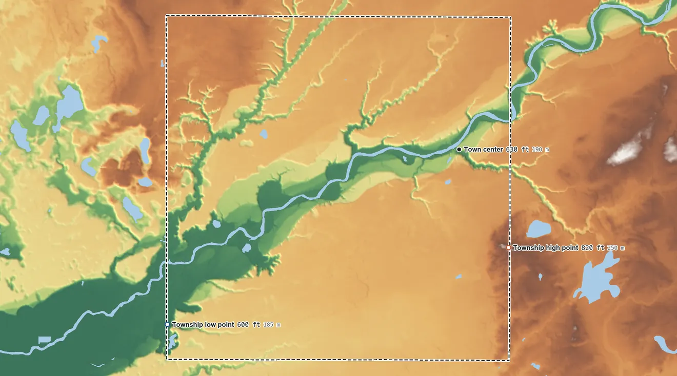 Topographic elevation map of Bridgeton Township, Michigan, shaded from 600 ft on the southwest side to 820 ft on the southeast side