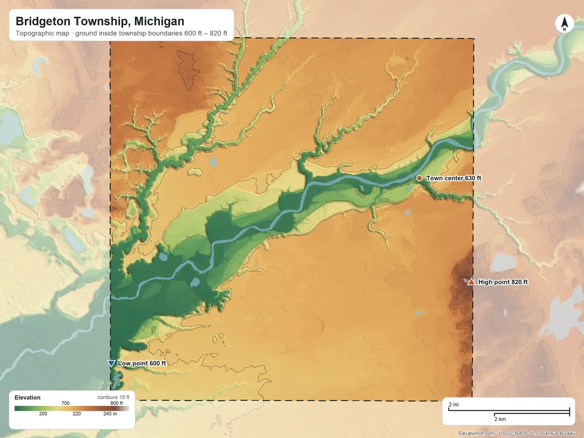 Topographic elevation map of Bridgeton Township, Michigan, shaded from 600 ft on the southwest side to 820 ft on the southeast side