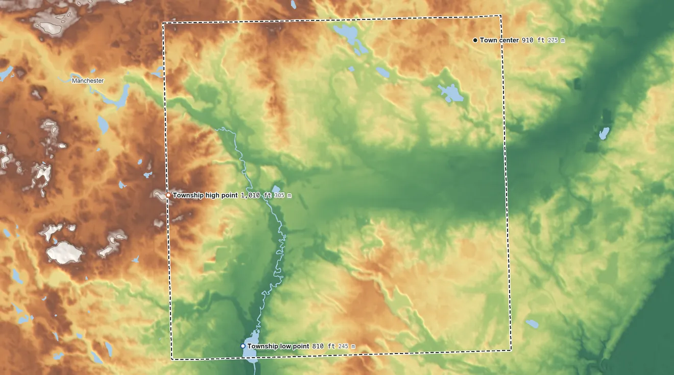 Topographic elevation map of Bridgewater Township, Michigan, shaded from 810 ft on the southwest side to 1,010 ft on the southwest side