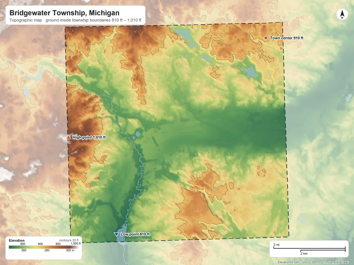 Topographic elevation map of Bridgewater Township, Michigan, shaded from 810 ft on the southwest side to 1,010 ft on the southwest side