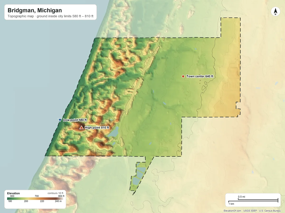 Topographic elevation map of Bridgman, Michigan, shaded from 580 ft on the west side to 810 ft on Mount Edward