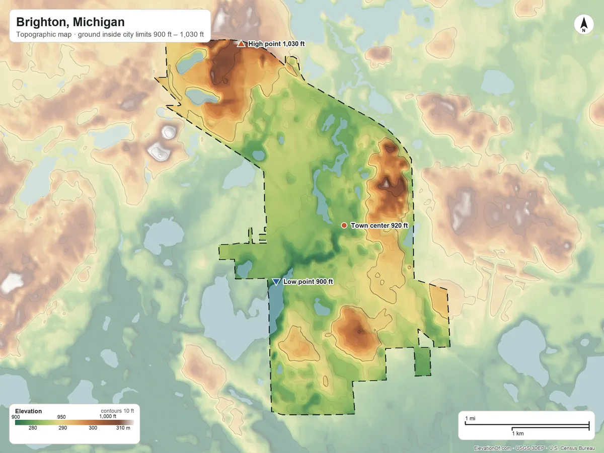 Topographic elevation map of Brighton, Michigan, shaded from 900 ft on the southwest side to 1,030 ft on the northwest side