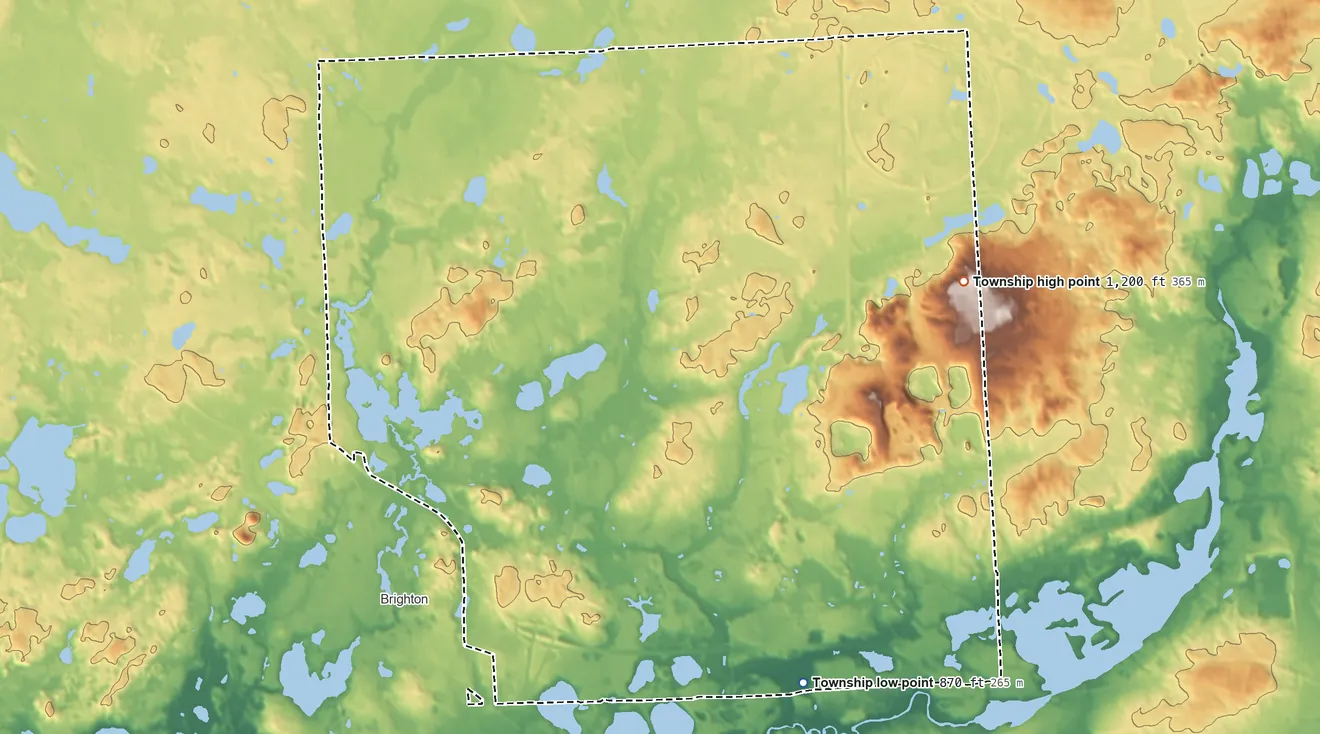 Topographic elevation map of Brighton Township, Michigan, shaded from 870 ft on the southeast side to 1,200 ft on the east side