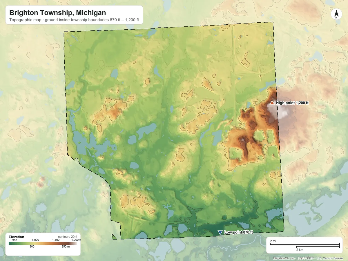 Topographic elevation map of Brighton Township, Michigan, shaded from 870 ft on the southeast side to 1,200 ft on the east side