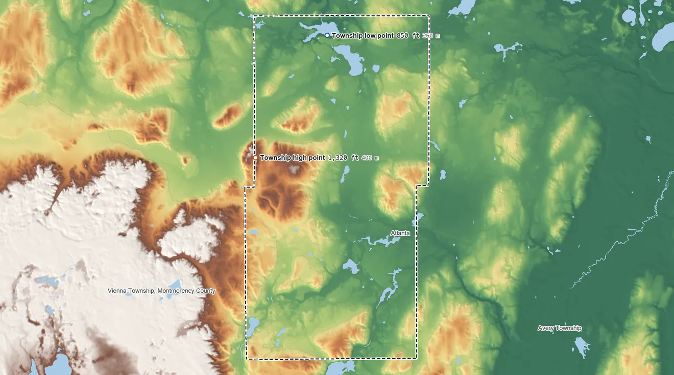 Topographic elevation map of Briley Township, Michigan, shaded from 850 ft on the north side to 1,320 ft on the northwest side