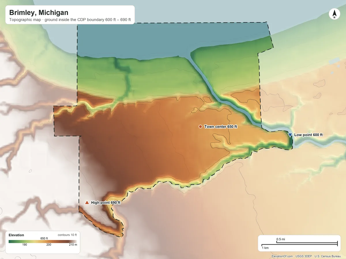 Topographic elevation map of Brimley, Michigan, shaded from 600 ft on the east side to 690 ft on the southwest side