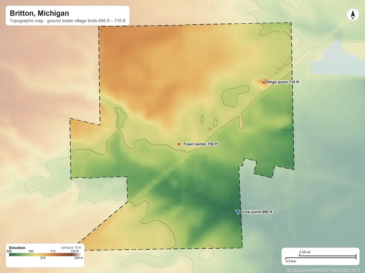 Topographic elevation map of Britton, Michigan, shaded from 690 ft on the southeast side to 710 ft on the northeast side