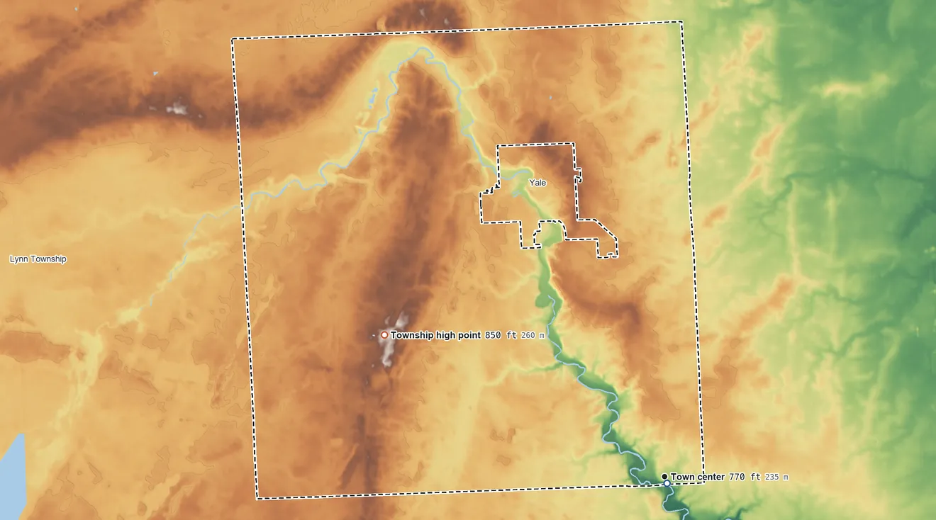 Topographic elevation map of Brockway Township, Michigan, shaded from 740 ft near the middle to 850 ft on the northwest side
