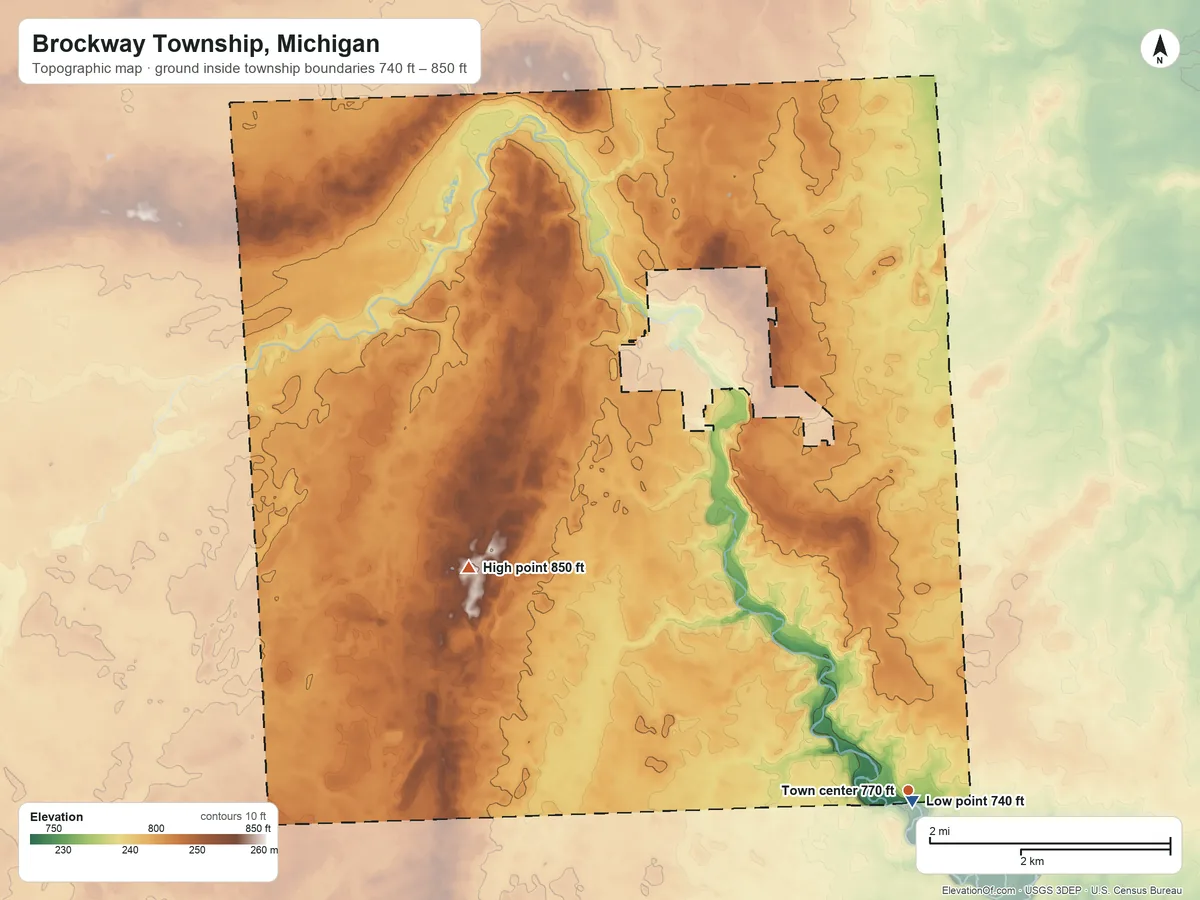 Topographic elevation map of Brockway Township, Michigan, shaded from 740 ft near the middle to 850 ft on the northwest side