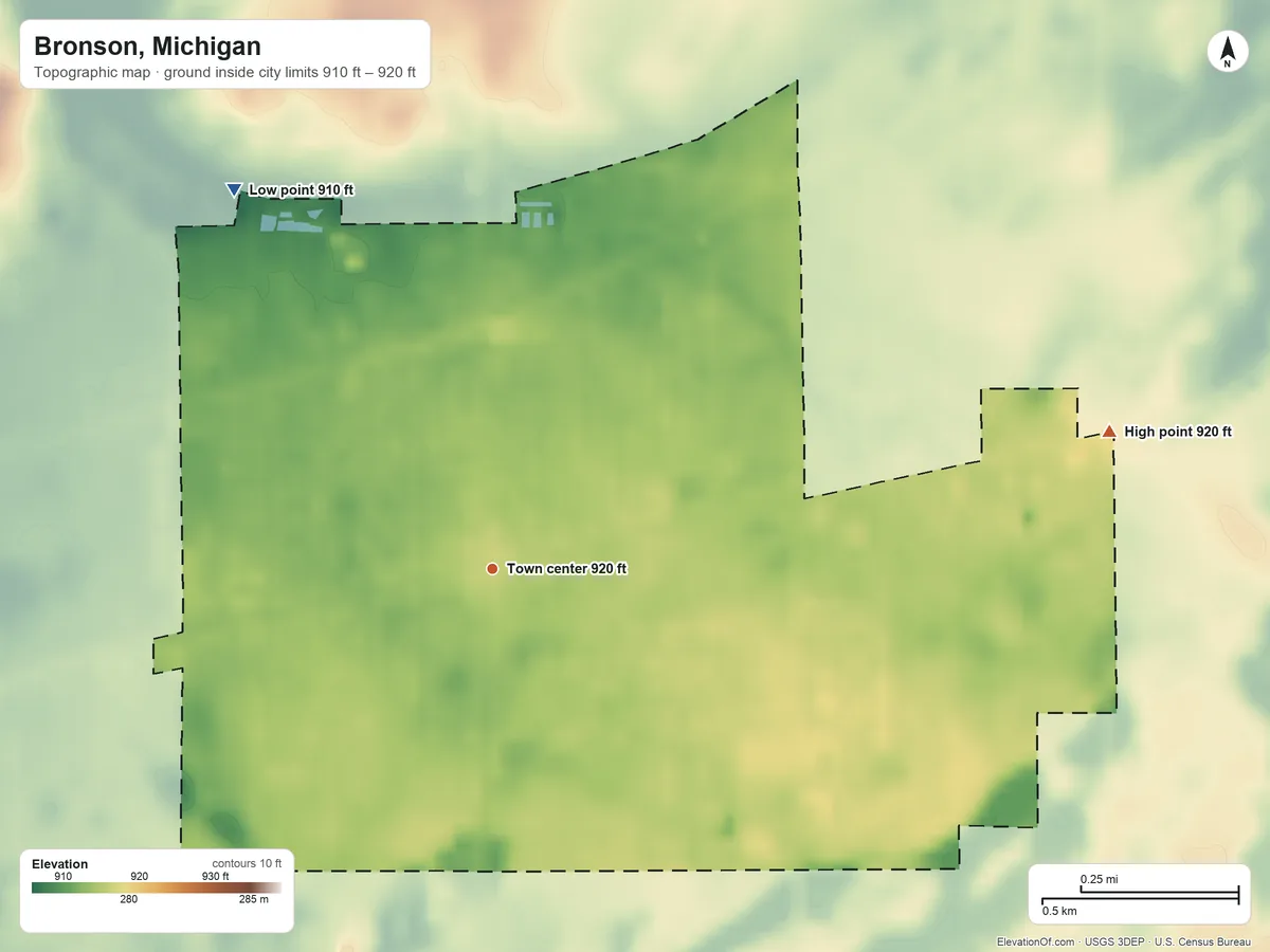 Topographic elevation map of Bronson, Michigan, shaded from 910 ft on the northwest side to 920 ft on the east side