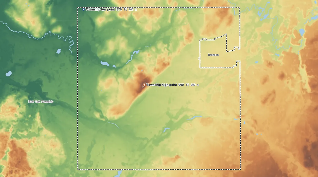 Topographic elevation map of Bronson Township, Michigan, shaded from 870 ft on the northwest side to 990 ft near the middle