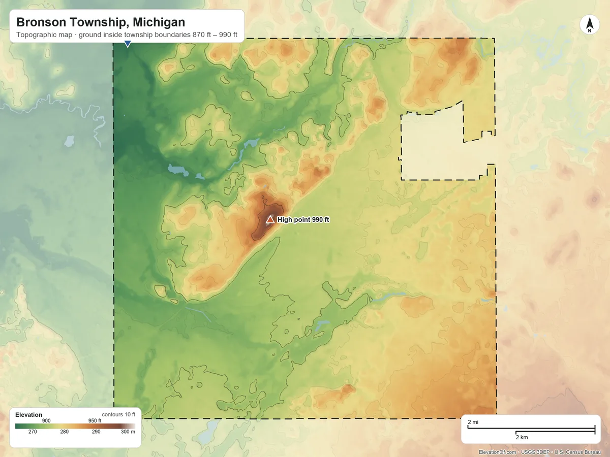 Topographic elevation map of Bronson Township, Michigan, shaded from 870 ft on the northwest side to 990 ft near the middle