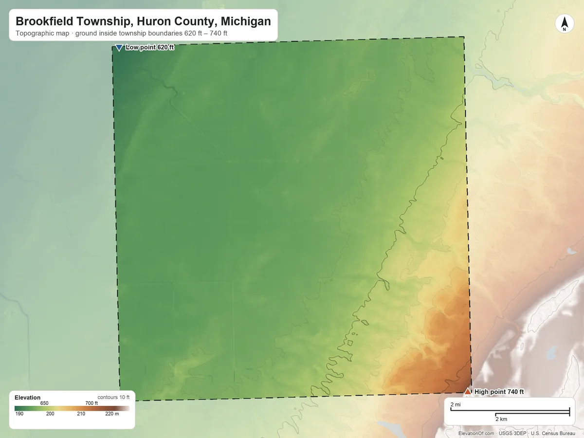 Topographic elevation map of Brookfield Township, Huron County, Michigan, shaded from 620 ft on the northwest side to 740 ft on the southeast side