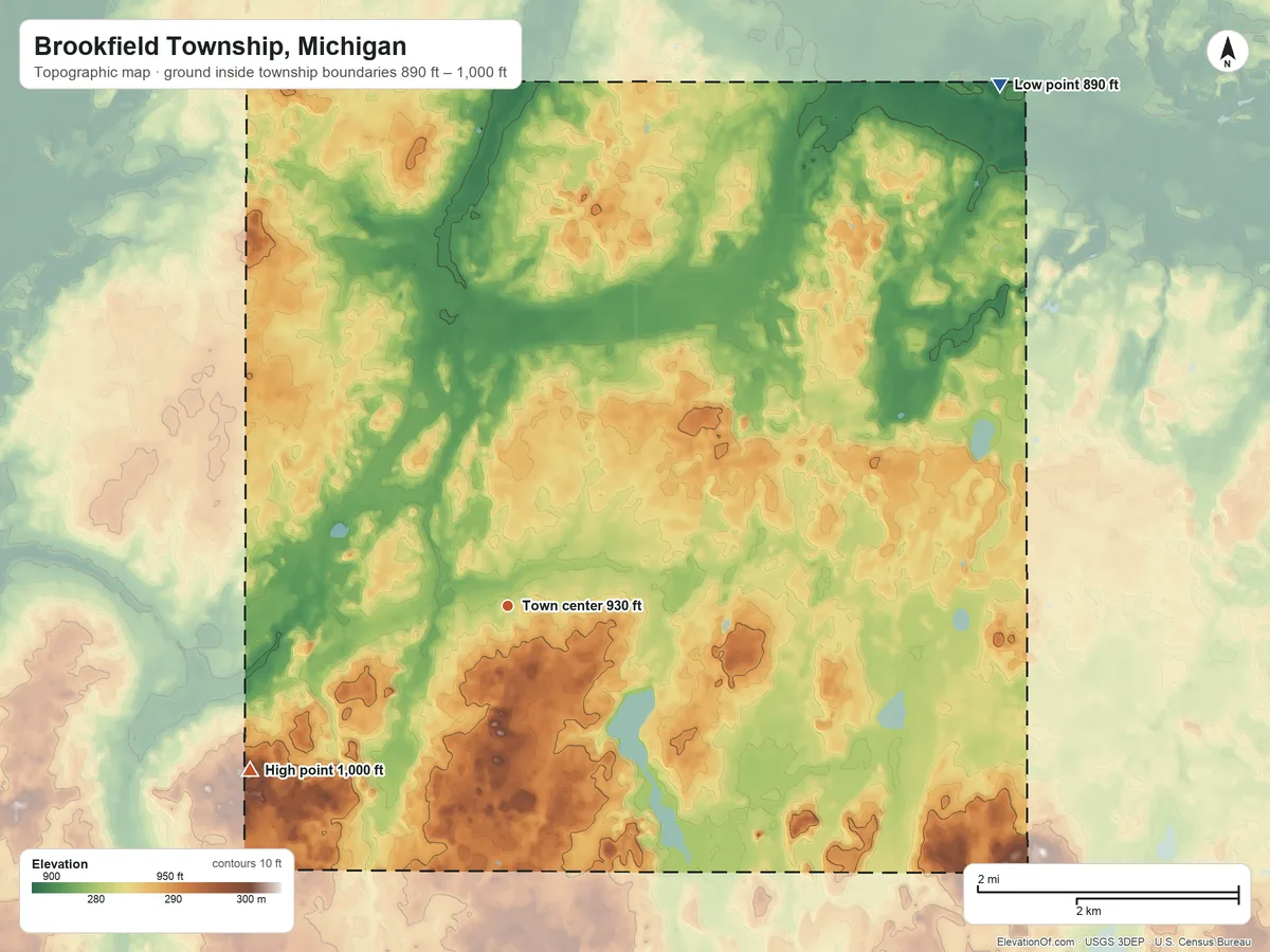 Topographic elevation map of Brookfield Township, Michigan, shaded from 890 ft on the northeast side to 1,000 ft on the southwest side
