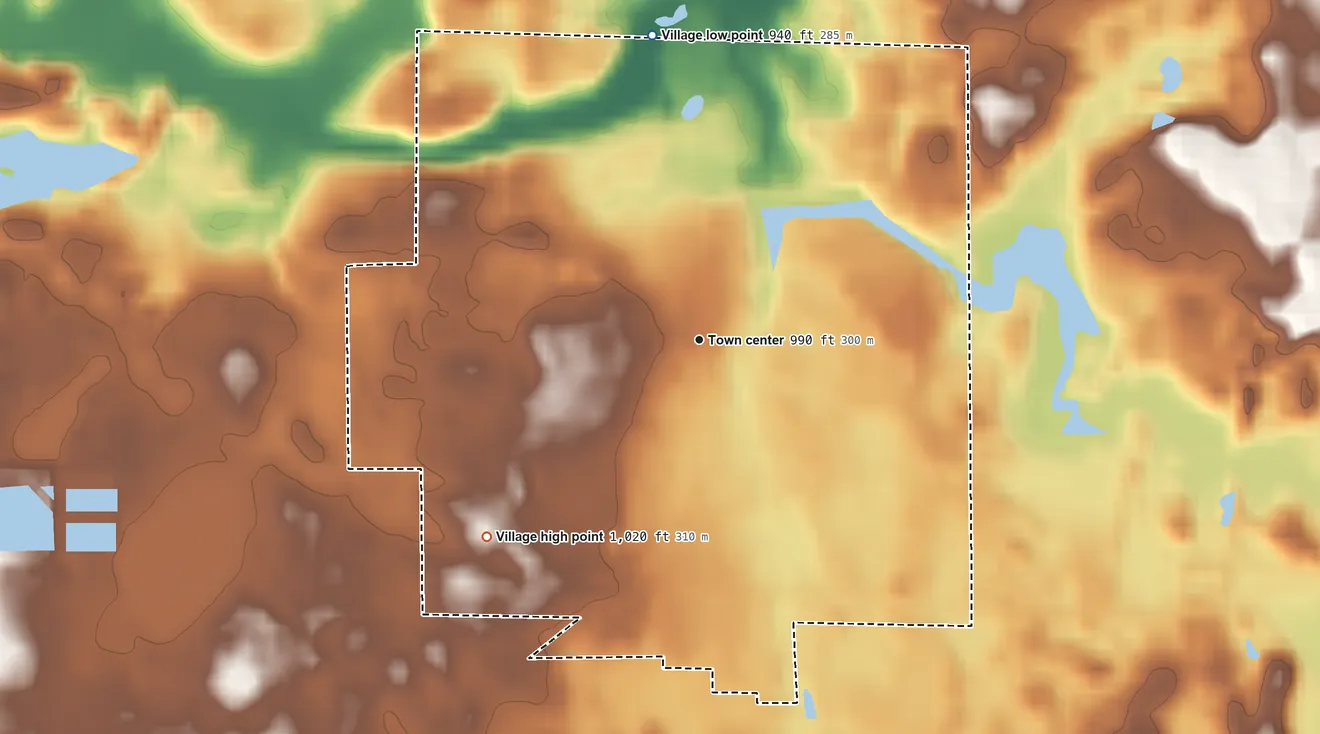 Topographic elevation map of Brooklyn, Michigan, shaded from 940 ft on the north side to 1,020 ft on the southwest side