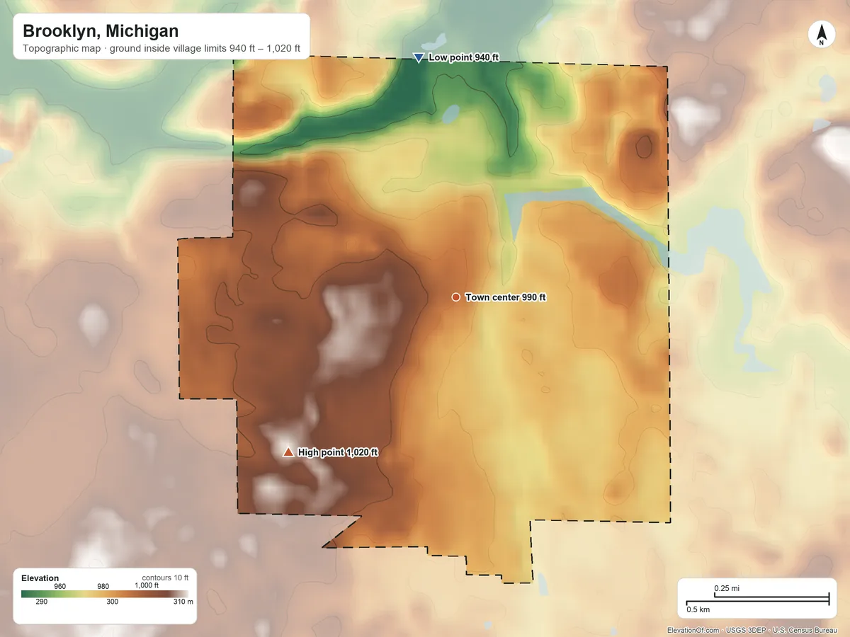 Topographic elevation map of Brooklyn, Michigan, shaded from 940 ft on the north side to 1,020 ft on the southwest side