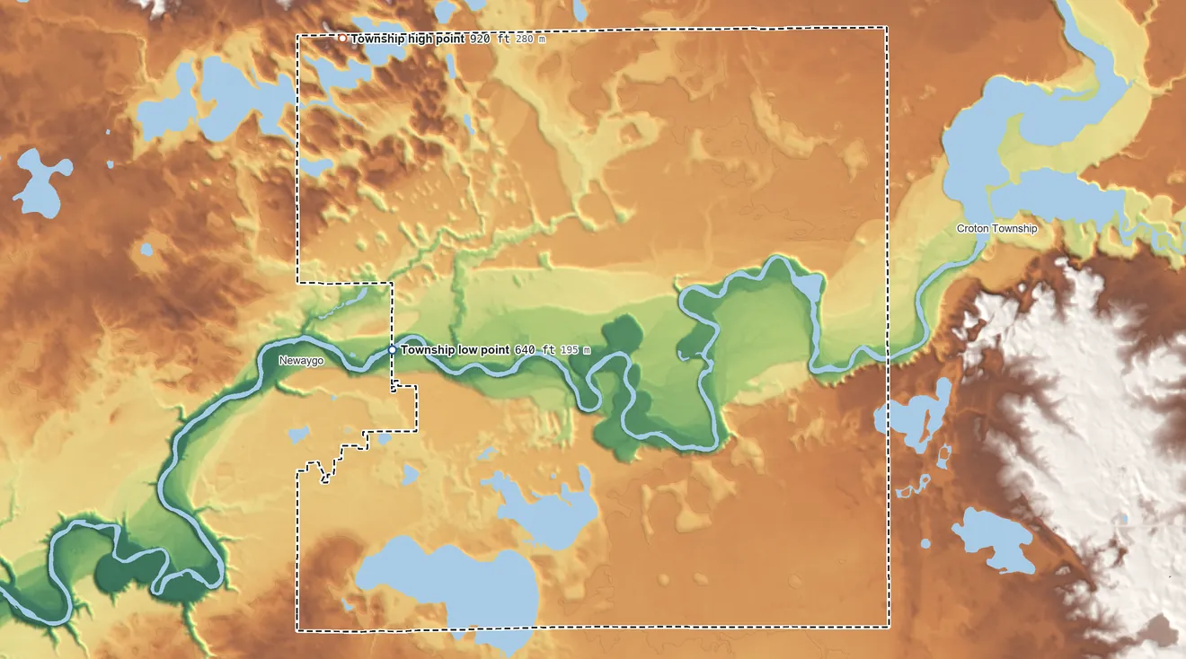 Topographic elevation map of Brooks Township, Michigan, shaded from 640 ft on the northwest side to 920 ft on the north side