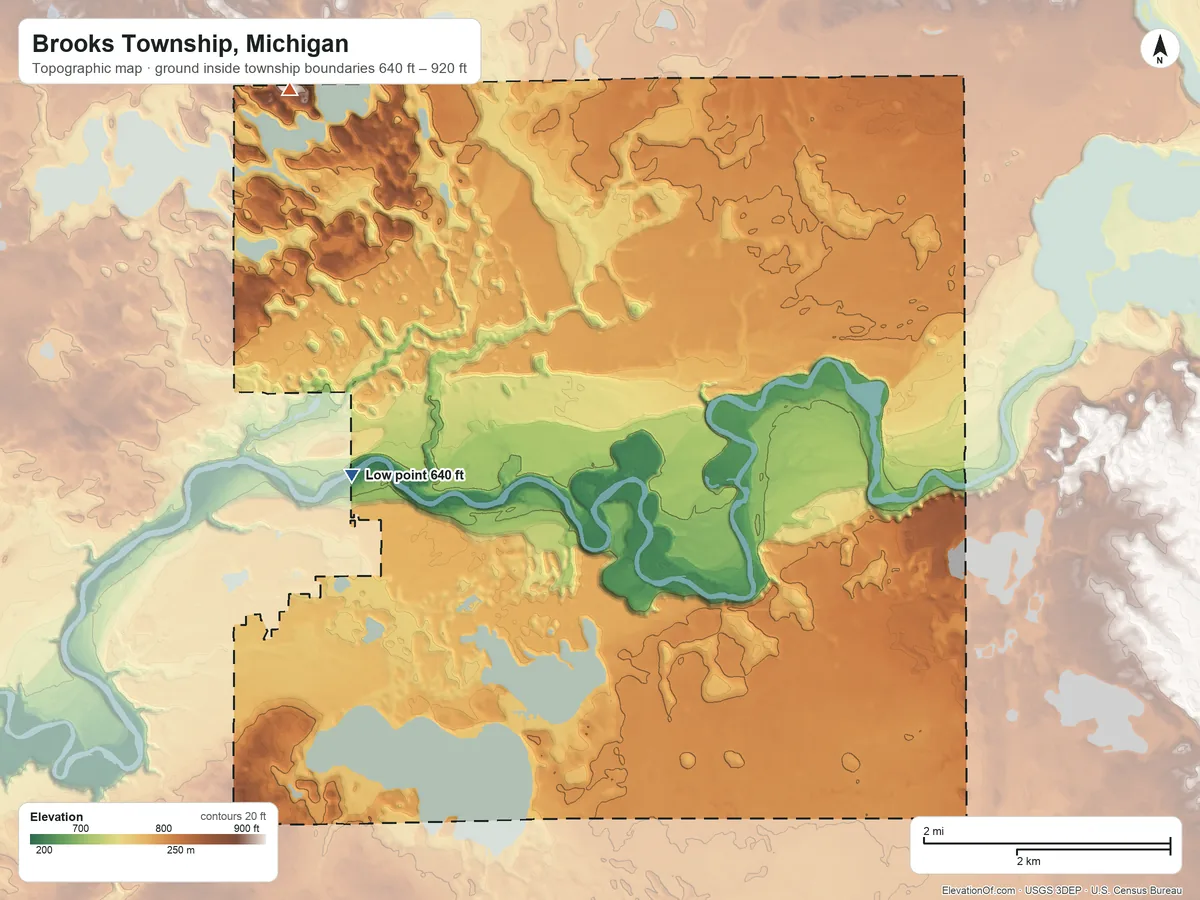 Topographic elevation map of Brooks Township, Michigan, shaded from 640 ft on the northwest side to 920 ft on the north side