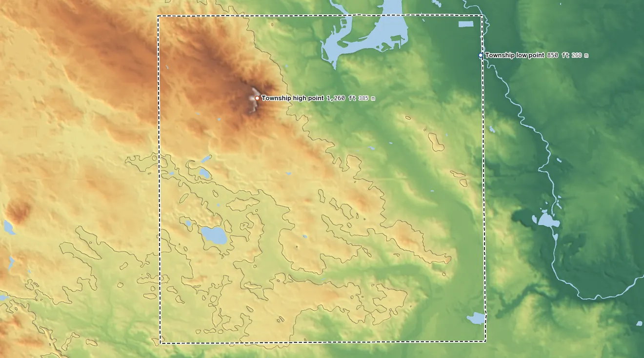 Topographic elevation map of Broomfield Township, Michigan, shaded from 850 ft on the northeast side to 1,260 ft on the northwest side