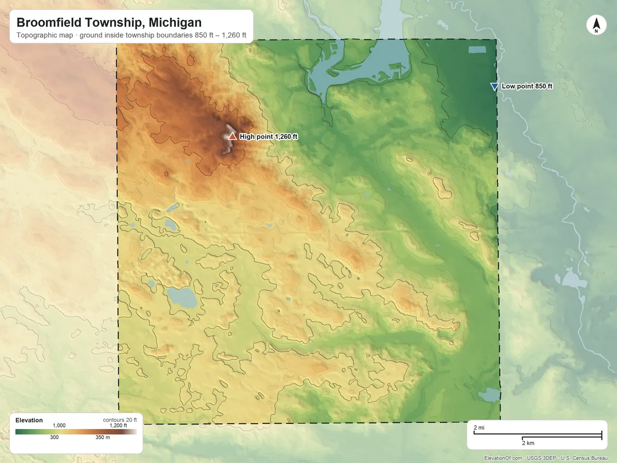 Topographic elevation map of Broomfield Township, Michigan, shaded from 850 ft on the northeast side to 1,260 ft on the northwest side