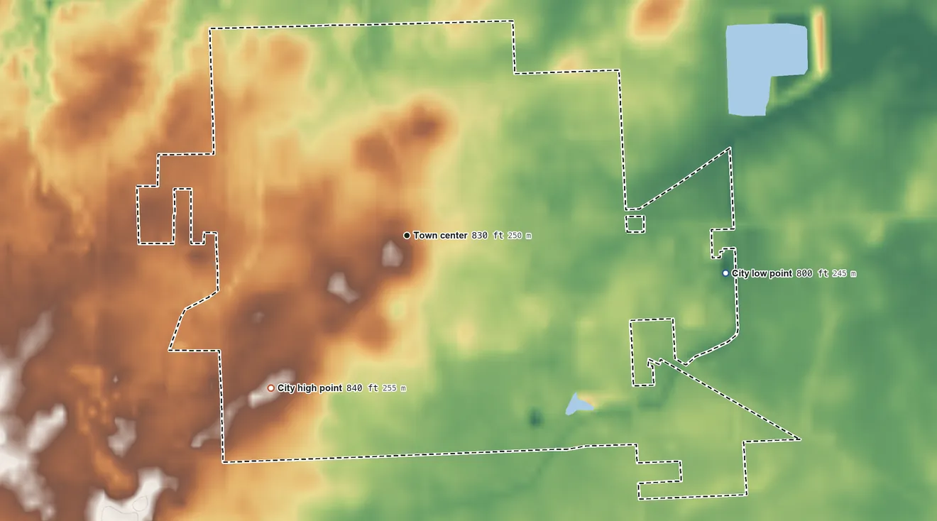 Topographic elevation map of Brown City, Michigan, shaded from 800 ft on the east side to 840 ft on the southwest side