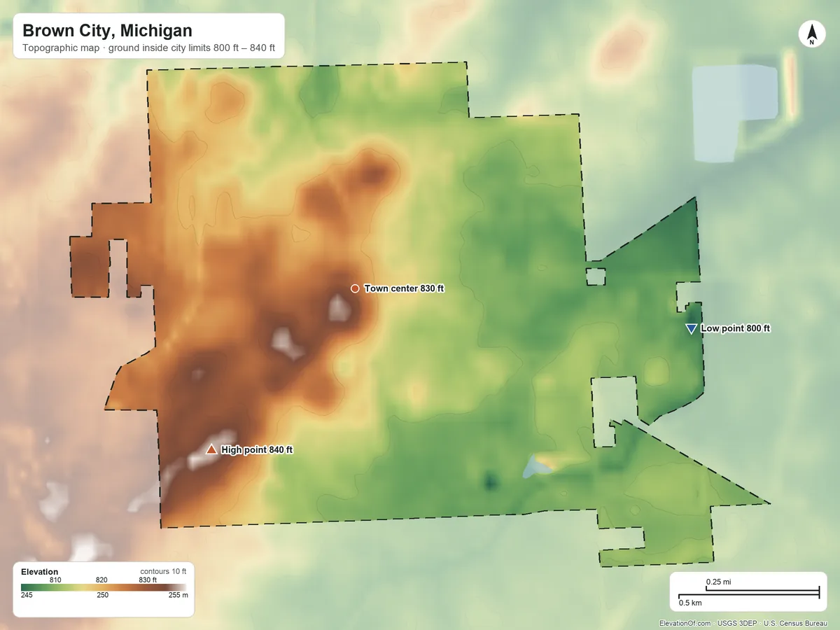 Topographic elevation map of Brown City, Michigan, shaded from 800 ft on the east side to 840 ft on the southwest side