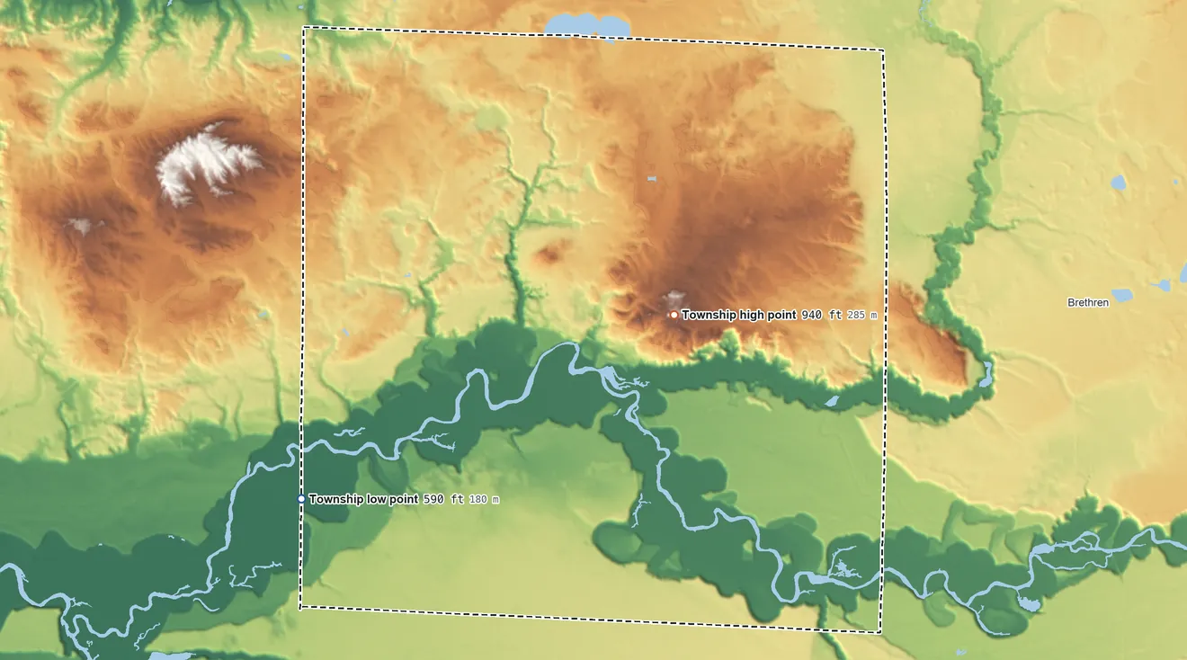 Topographic elevation map of Brown Township, Michigan, shaded from 590 ft on the southwest side to 940 ft on the east side