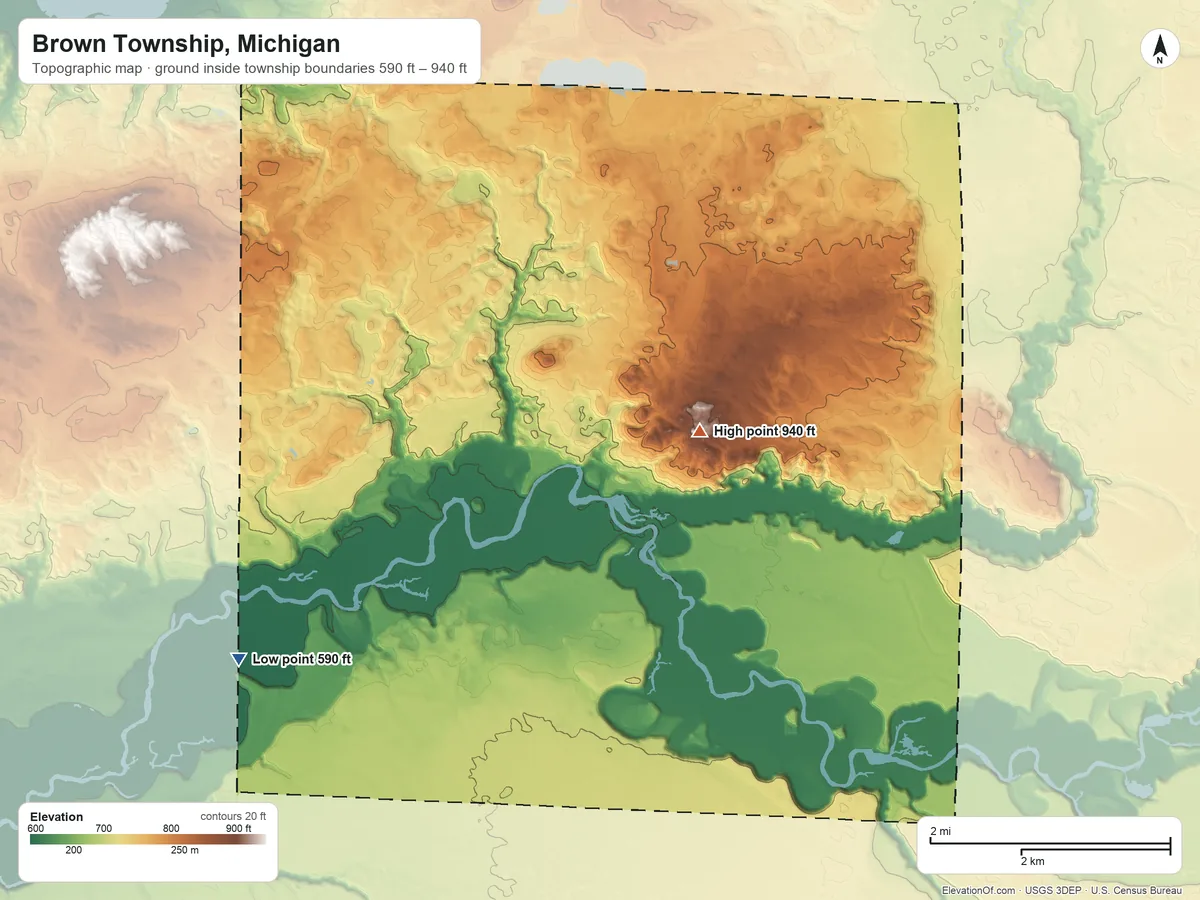 Topographic elevation map of Brown Township, Michigan, shaded from 590 ft on the southwest side to 940 ft on the east side