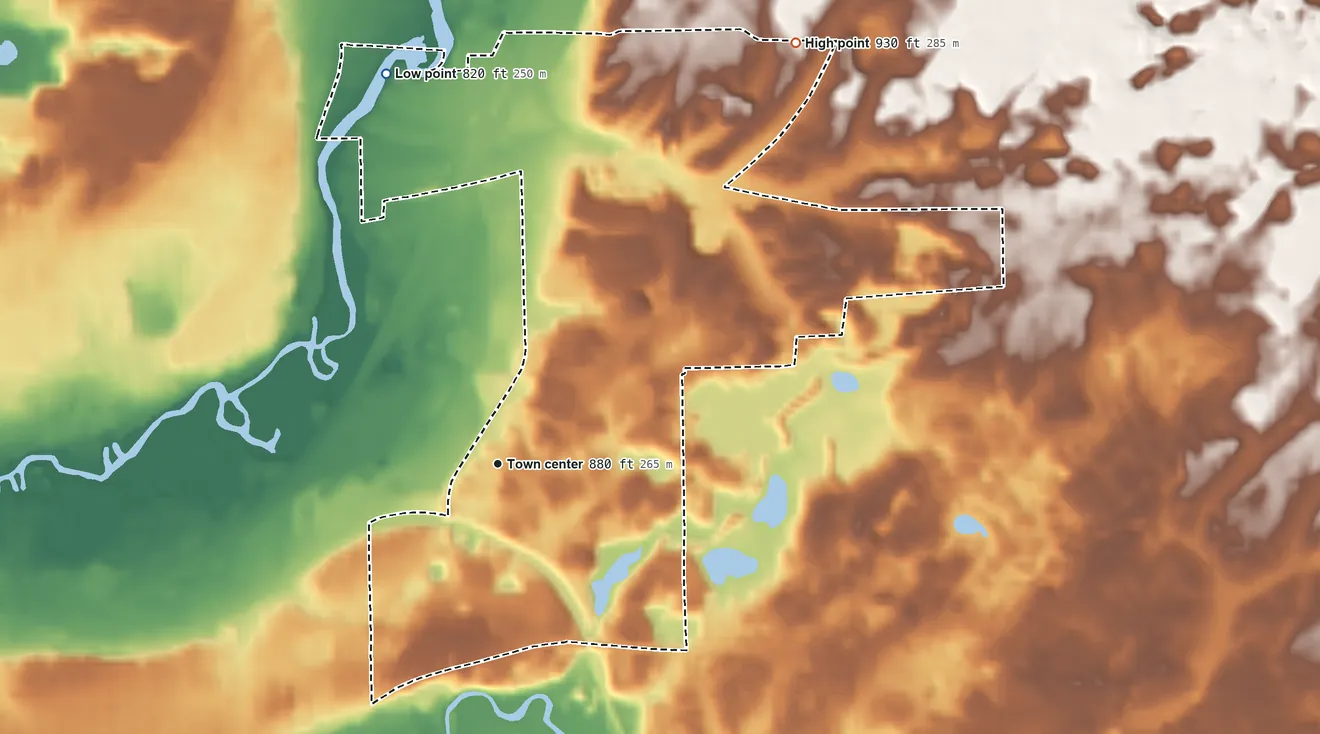 Topographic elevation map of Brownlee Park, Michigan, shaded from 820 ft on the north side to 930 ft on the northeast side