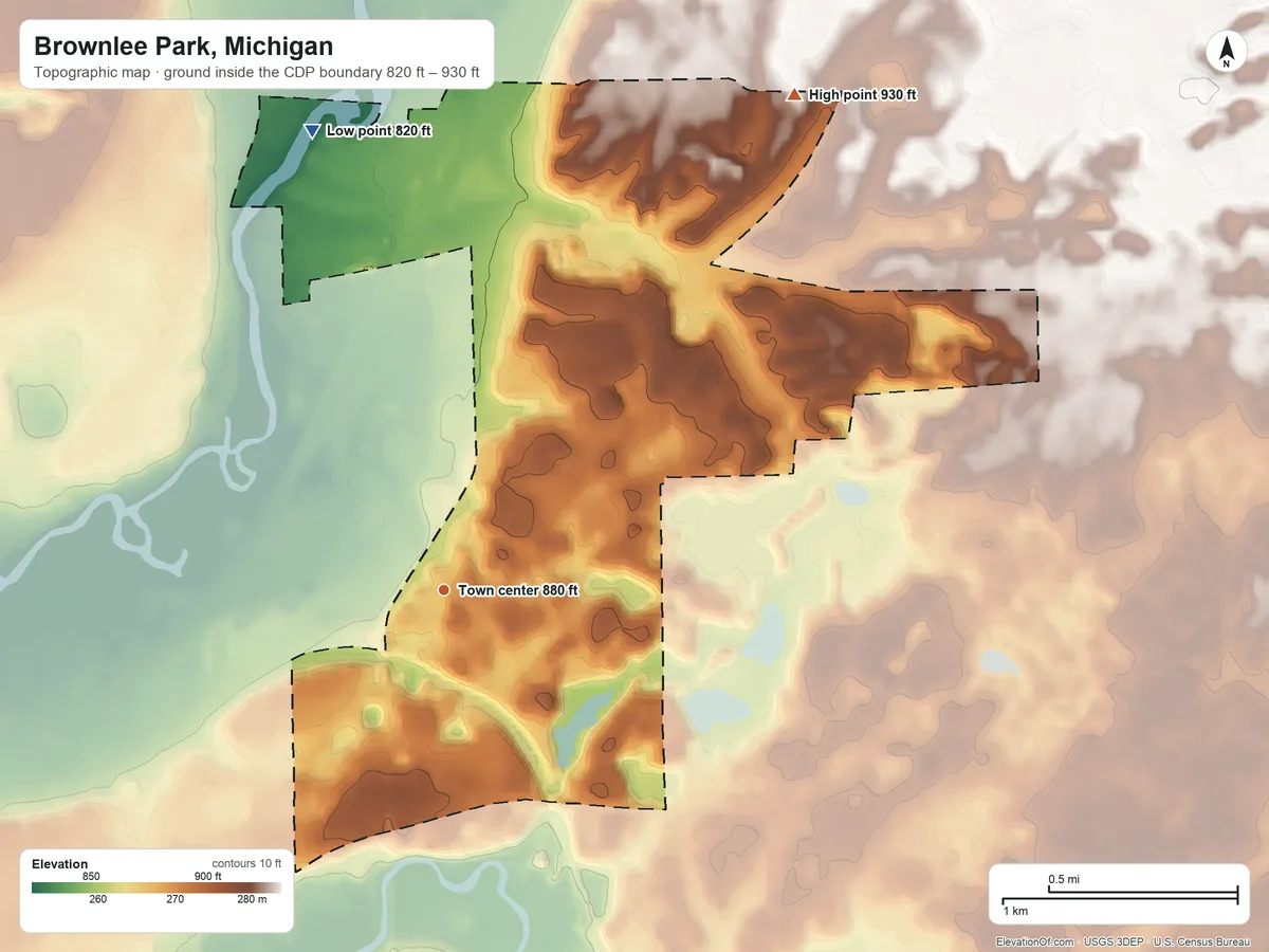 Topographic elevation map of Brownlee Park, Michigan, shaded from 820 ft on the north side to 930 ft on the northeast side