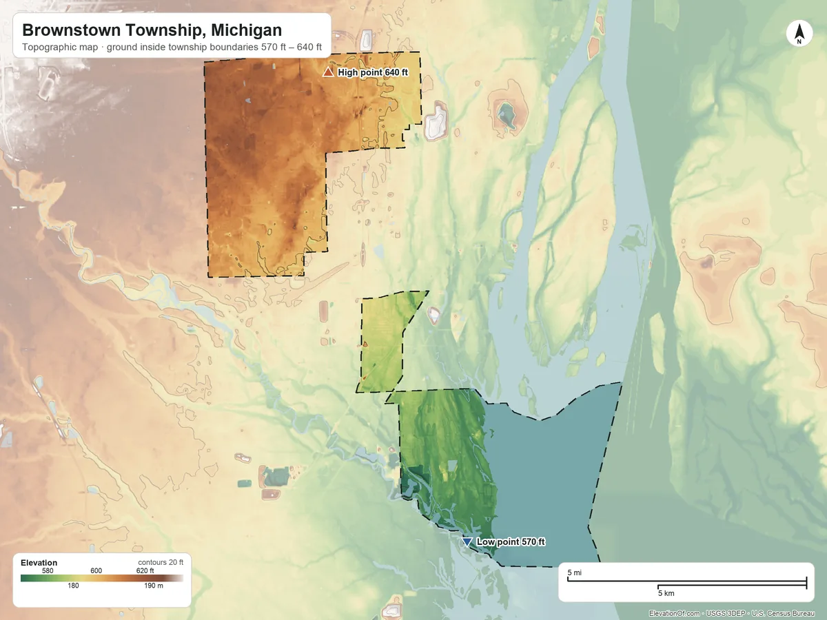 Topographic elevation map of Brownstown Township, Michigan, shaded from 570 ft on the southeast side to 640 ft on the north side