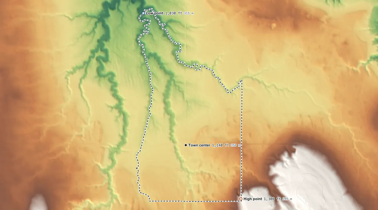 Topographic elevation map of Bruce Crossing, Michigan, shaded from 1,030 ft on the north side to 1,300 ft on the southeast side
