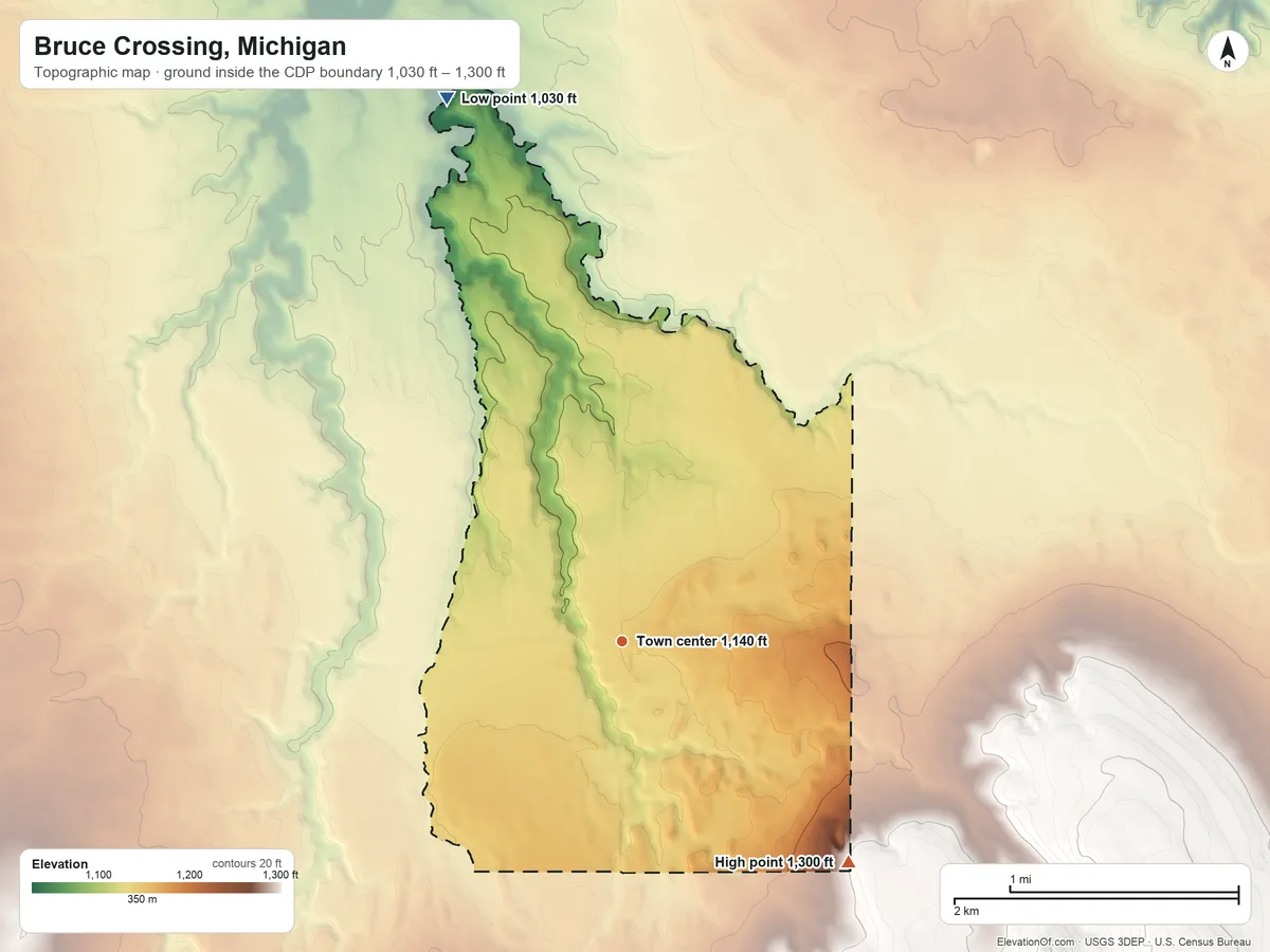 Topographic elevation map of Bruce Crossing, Michigan, shaded from 1,030 ft on the north side to 1,300 ft on the southeast side