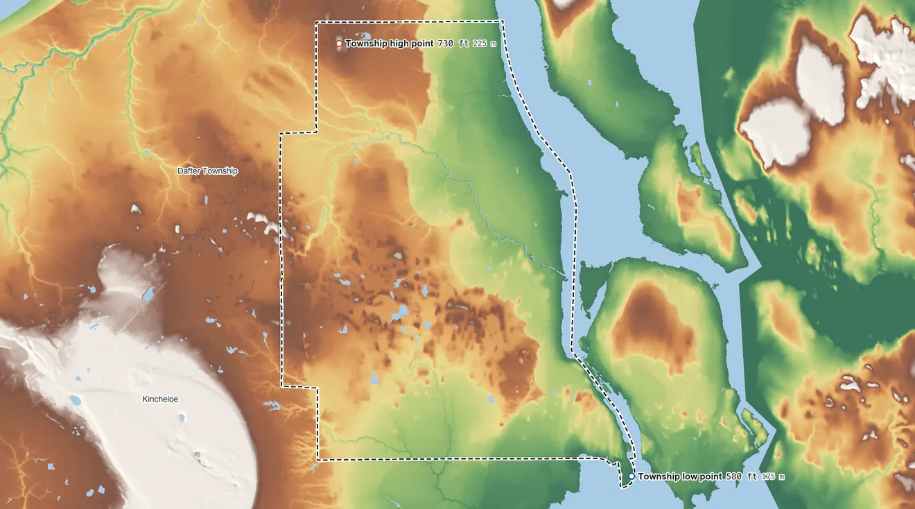 Topographic elevation map of Bruce Township, Chippewa County, Michigan, shaded from 580 ft on the southeast side to 730 ft on the northwest side