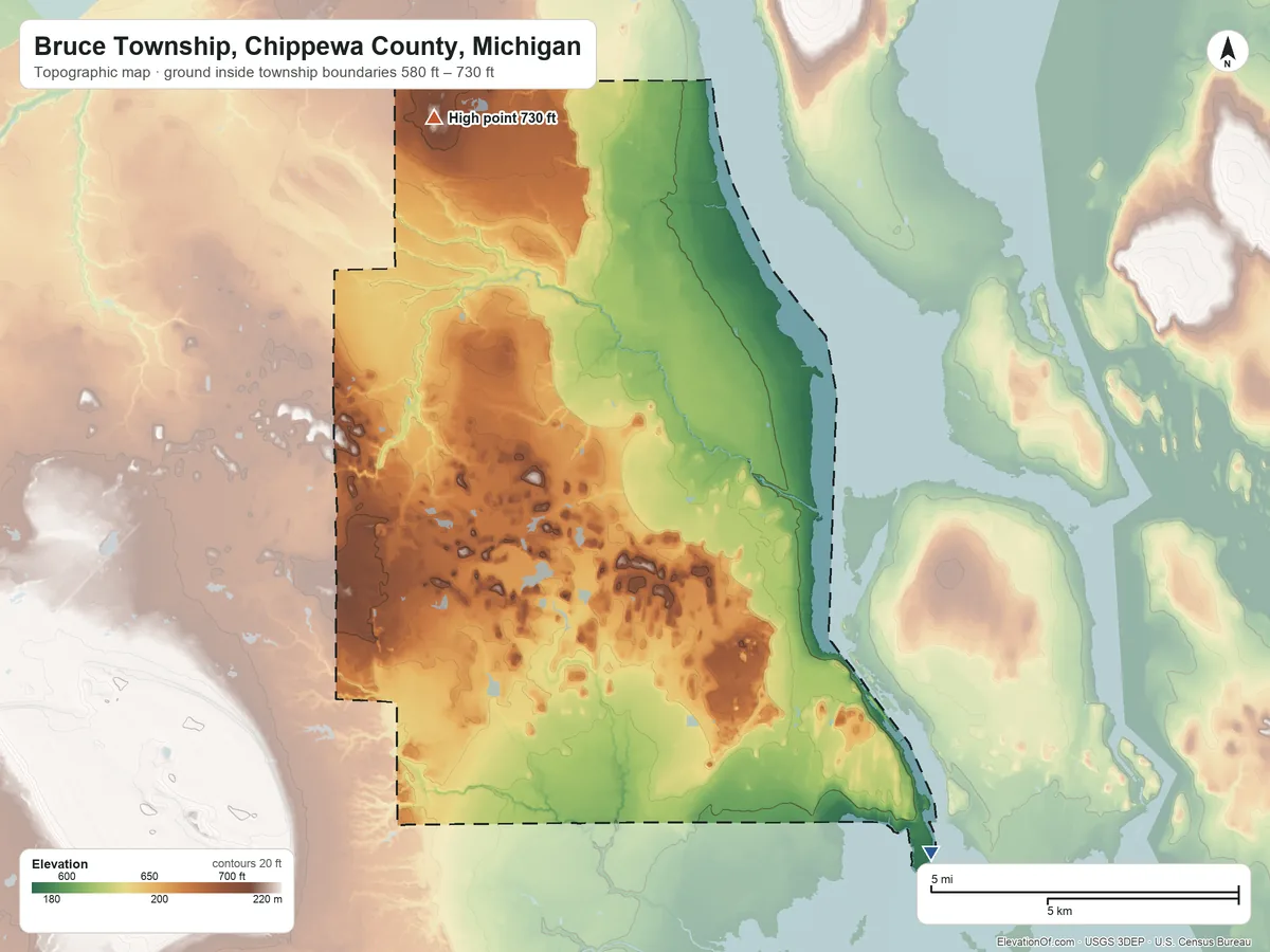 Topographic elevation map of Bruce Township, Chippewa County, Michigan, shaded from 580 ft on the southeast side to 730 ft on the northwest side