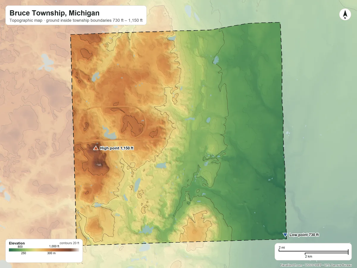 Topographic elevation map of Bruce Township, Michigan, shaded from 730 ft on the southeast side to 1,150 ft on Twombly Mountain