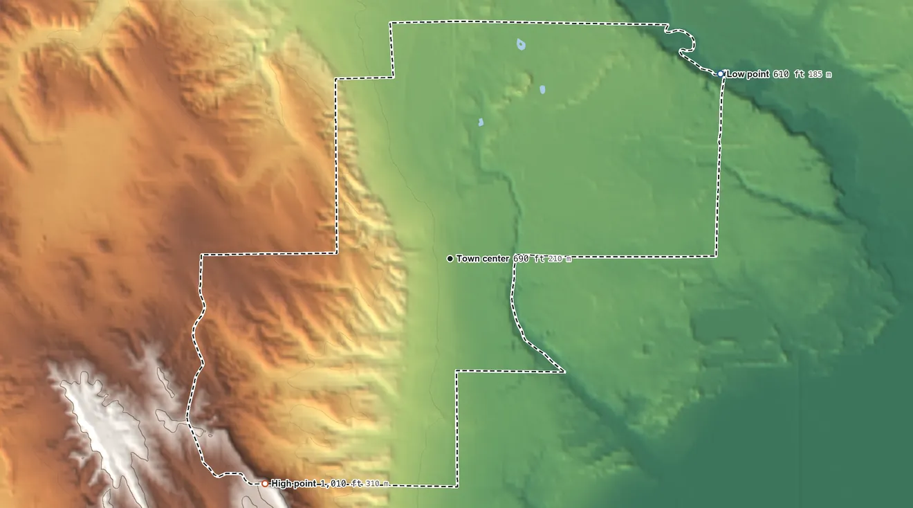 Topographic elevation map of Brutus, Michigan, shaded from 610 ft on the northeast side to 1,010 ft on the southwest side